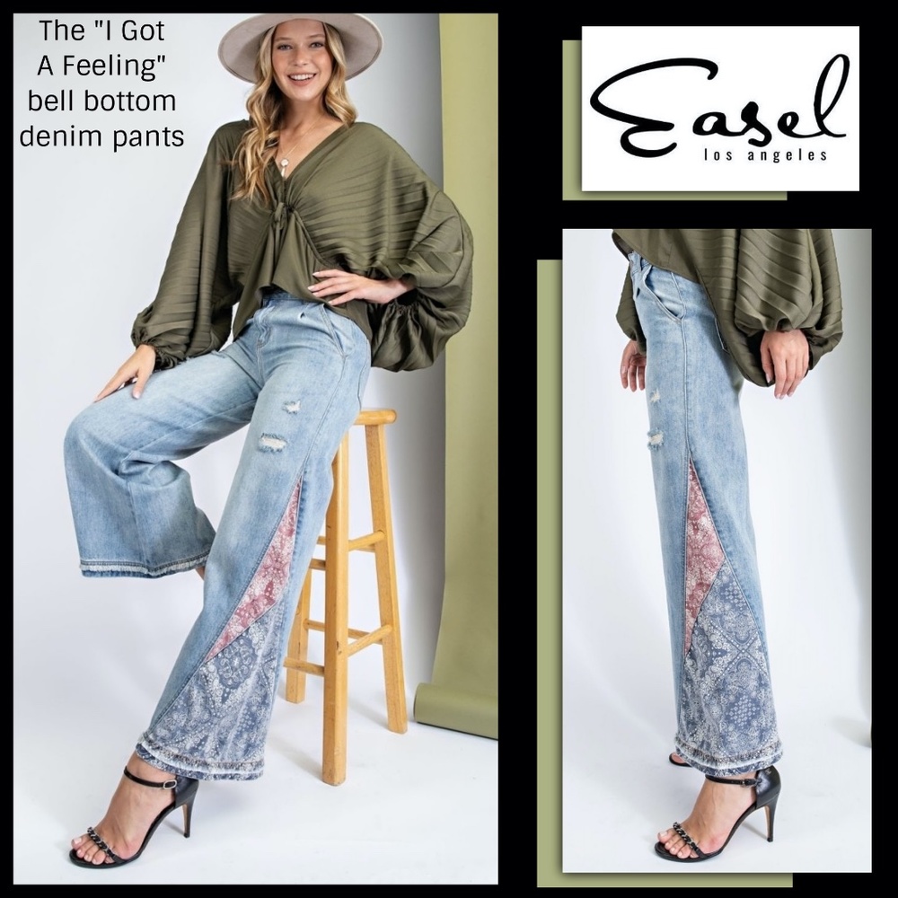 Easel I Got A Feeling Patchwork Bell Bottom Pants